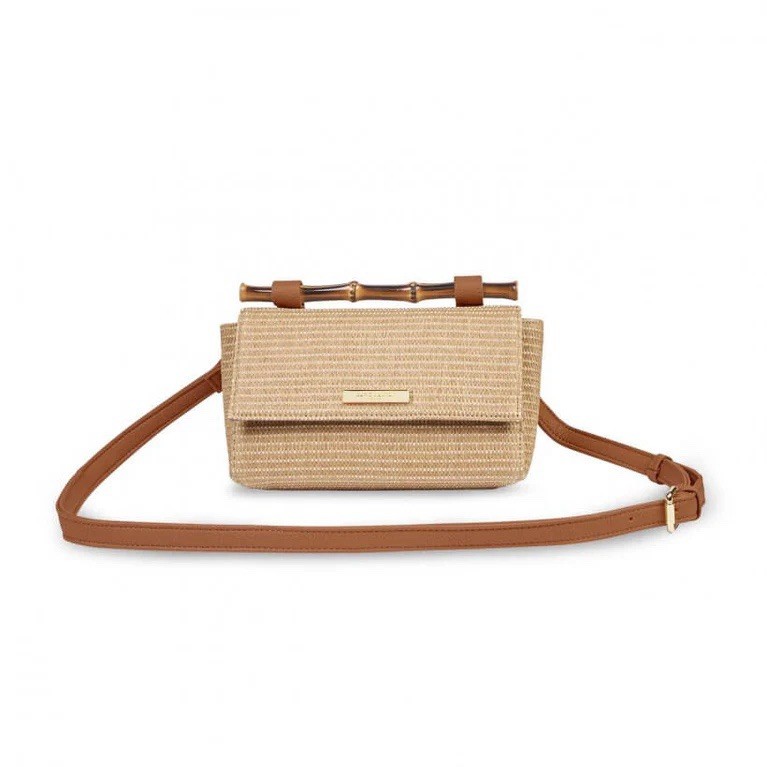 KATIE LOXTON GIGI STRAW BAMBOO HANDLE CROSSBODY BAG TAUPE