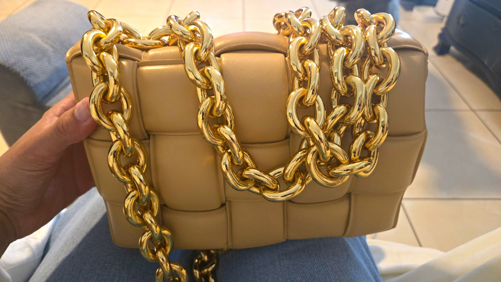 Beige Woven Quilted Small Rectangle Shoulder Bag w/ Gold Chain Strap