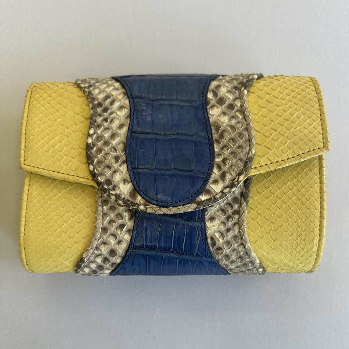 Khirma Eliazov Yellow Blue Beige Crocodile Embossed Clutch Chain Snap Dust