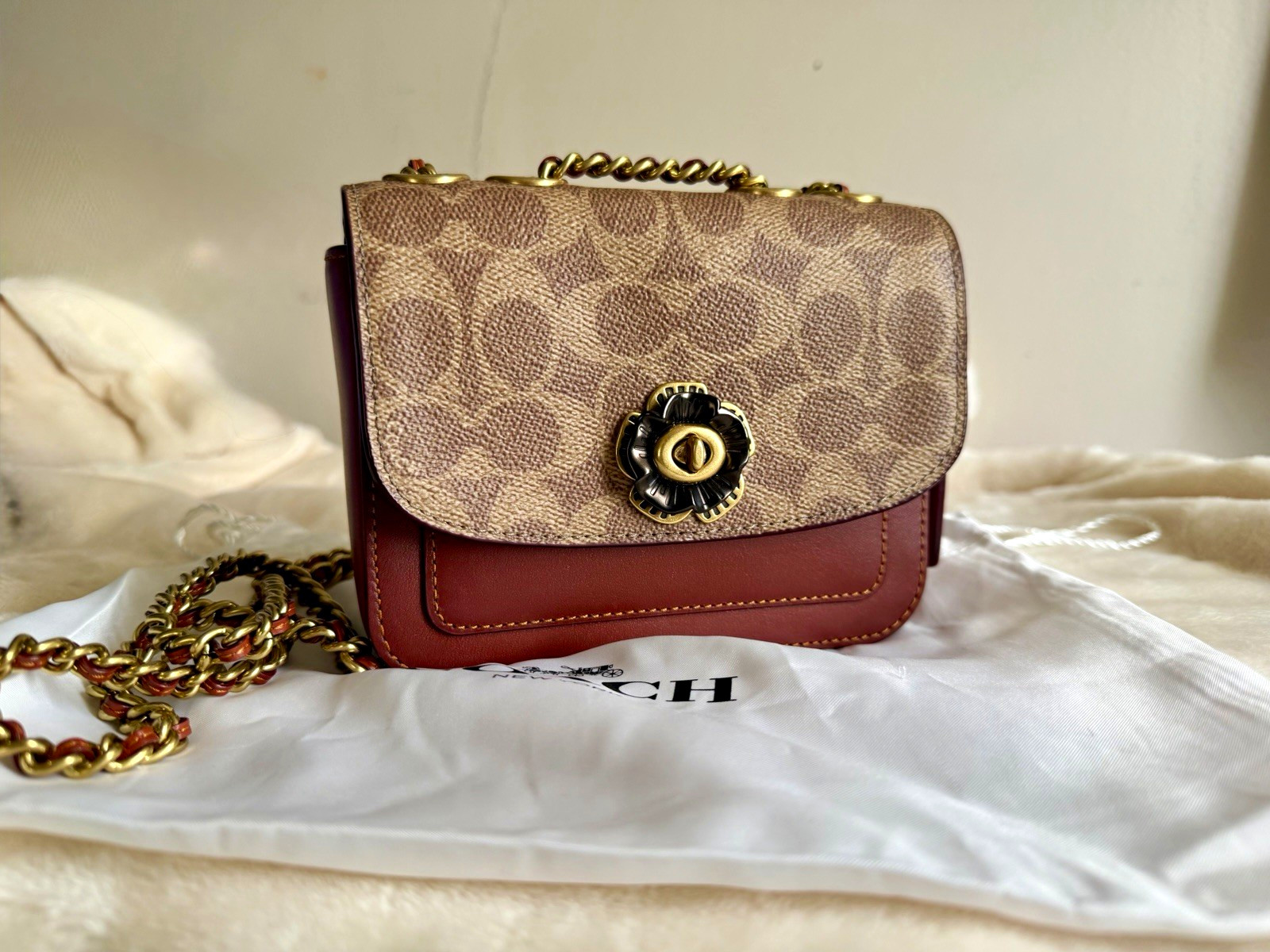 Coach Madison Signature Coated Canvas Mini Shoulder Crossbody TeaRose Turnlock