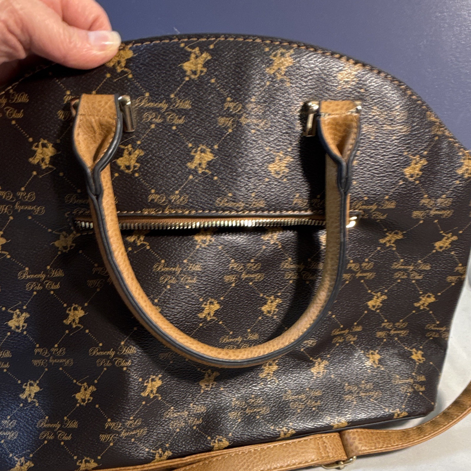 Beverly Hills Polo Club Medium Brown Tan Logo Satchel Zip Detach Strap Pockets