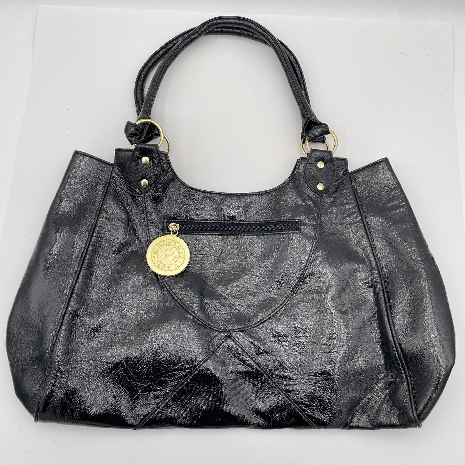 Signature Club A Shoulder Bag Womens Black Patent-Look Tote Gold Logo Medallion