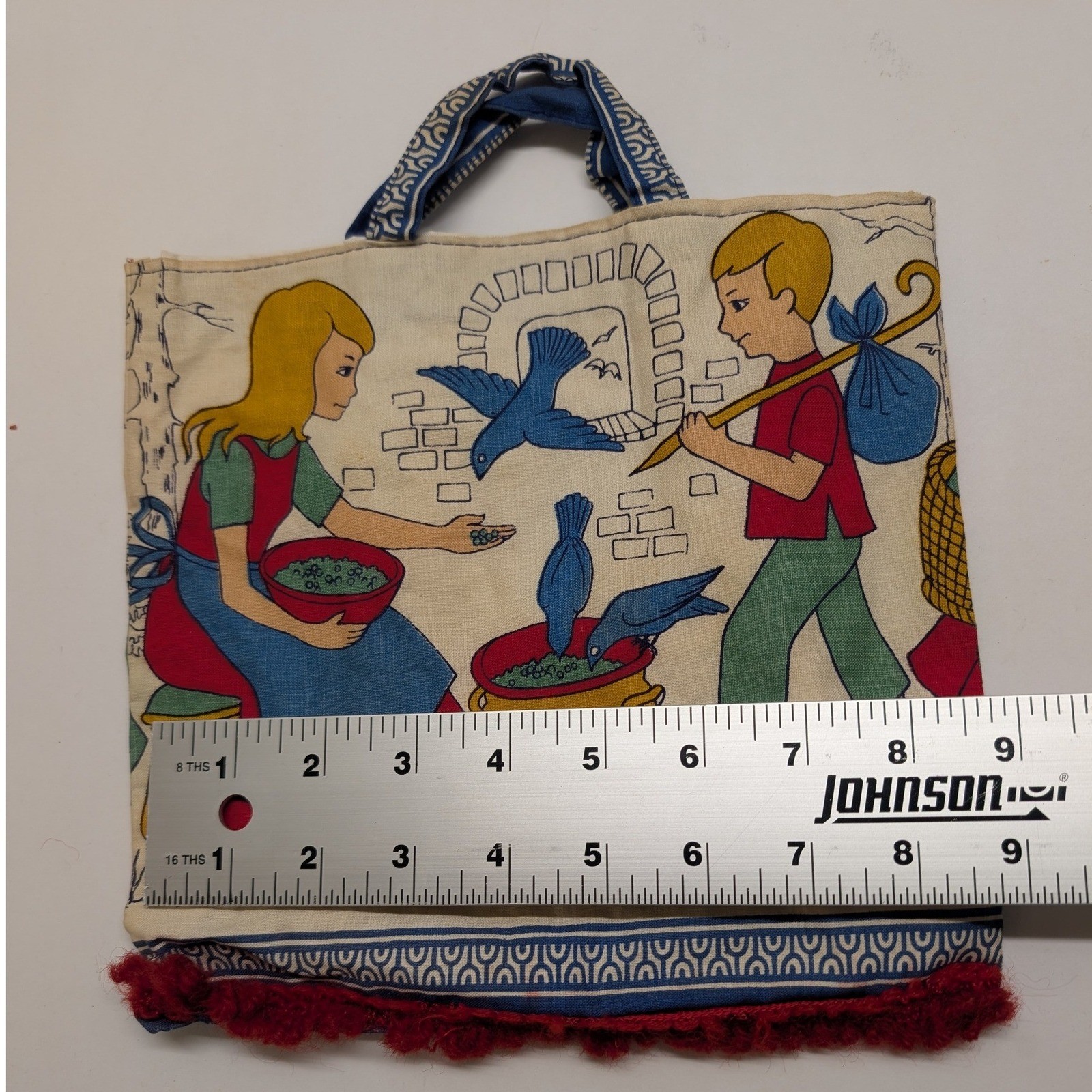 Vtg Hansel & Gretel Storybook Tote Bag Canvas Fabric Folk Art Red Fringe Small