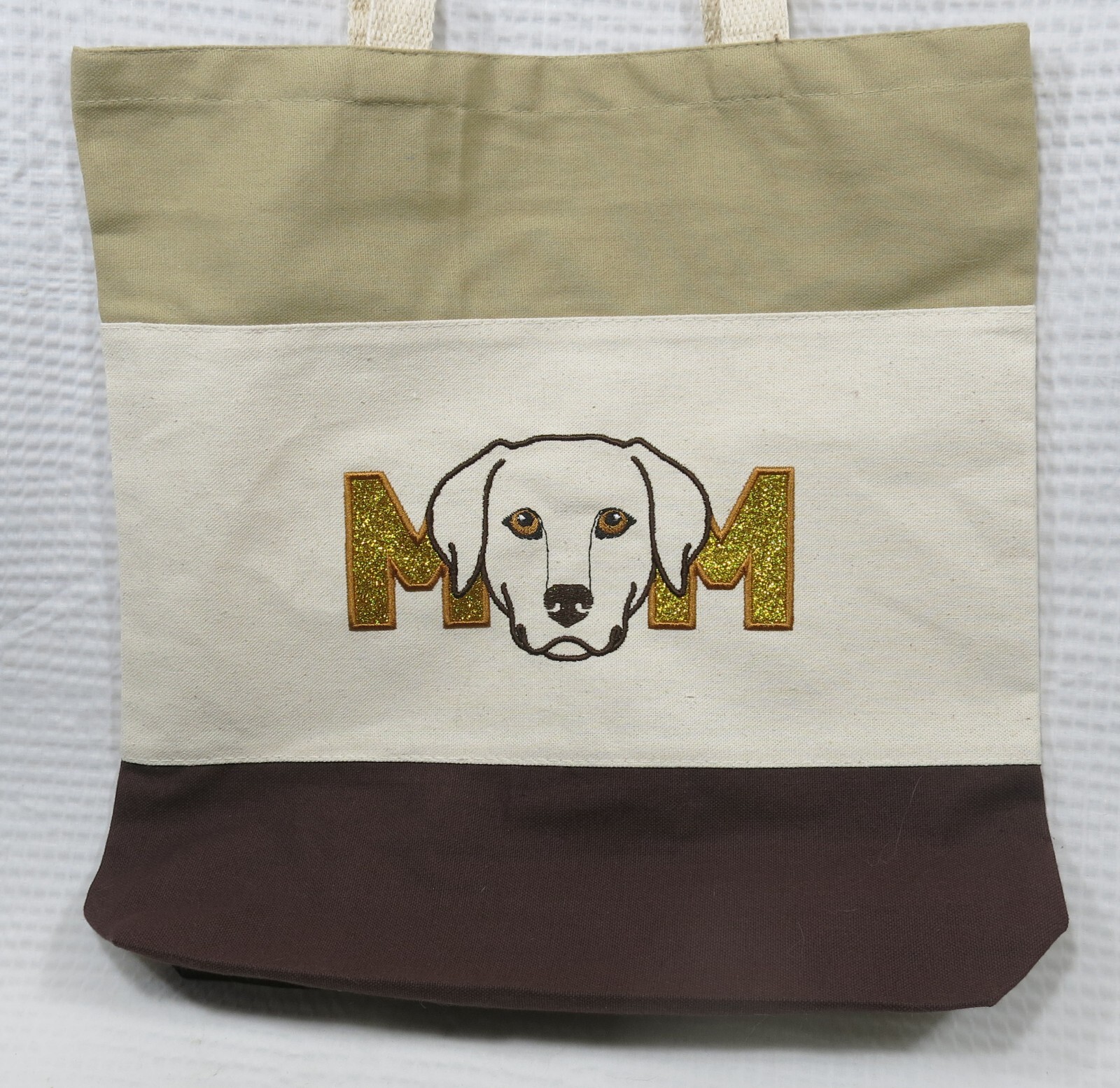 Dog Mom Embroidered Large Tri-Color Tote Bag- Khaki/Brown/Natural