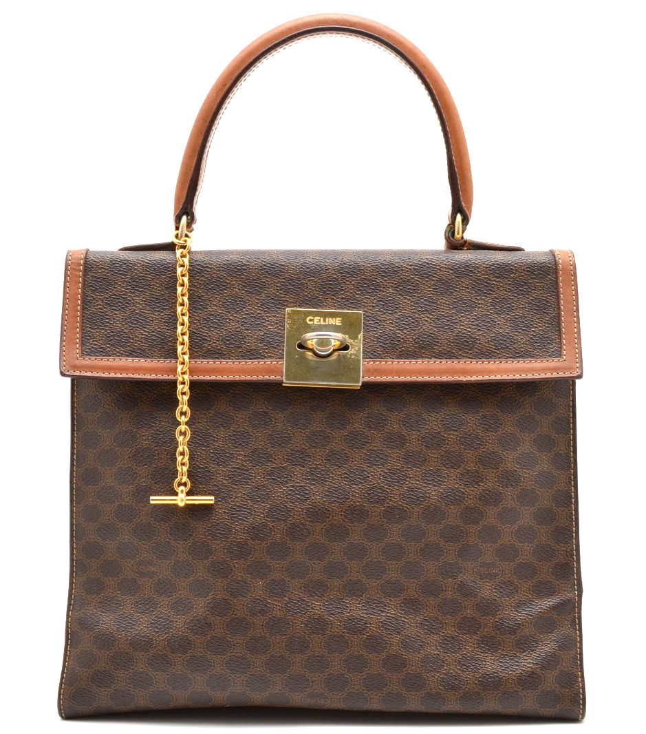 CELINE Macadam GANCINI Hand Bag Purse Vintage PVC Leather Brown Authentic