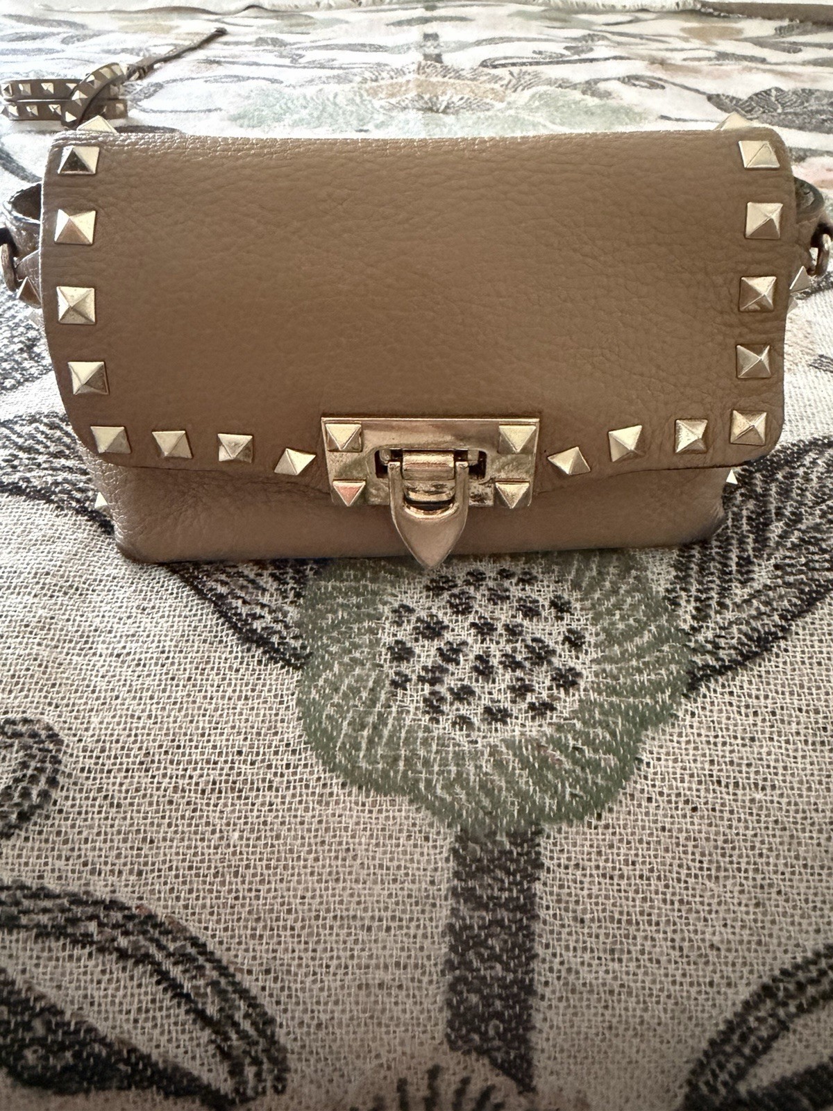 Valentino Garavani Studded Taupe Small Crossbody, Detachable Strap, Gold