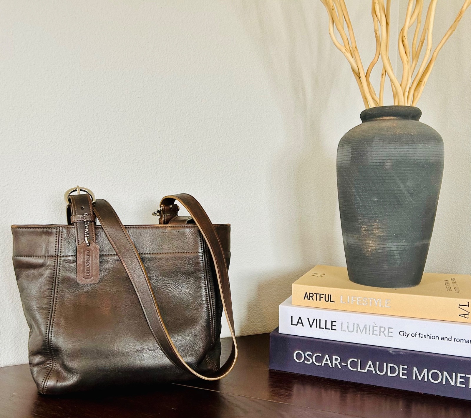 Distressed Dark Brown Leather Coach Shoulder Bag