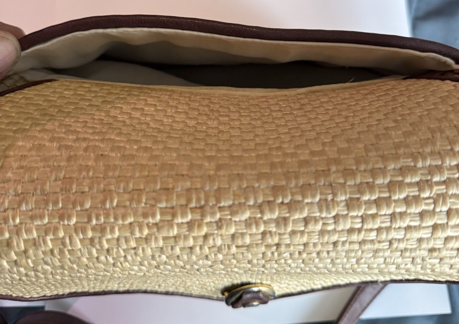 Etienne Aigner Woven Straw Shoulder Bag Brown Trim Classic Logo Gold Hardware