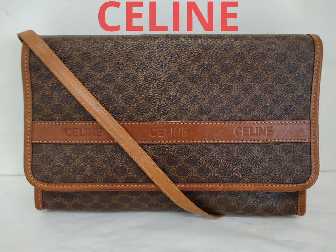 Celine Macadam Brown Shoulder Bag Gold Hardware Logo Embossed Japan 074796
