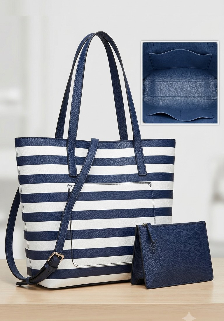 Women’s Blue & White Striped Tote Zip Closure w/ Detachable Strap + Pouch