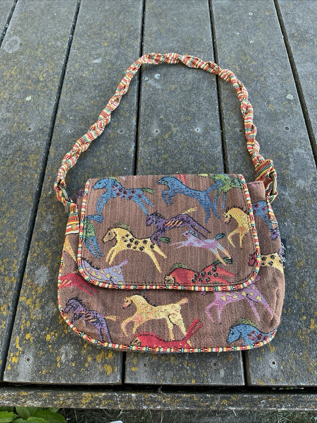 Laurel Burch Horse Pattern Embroidered Multicolor Shoulder Bag Broken Zipper