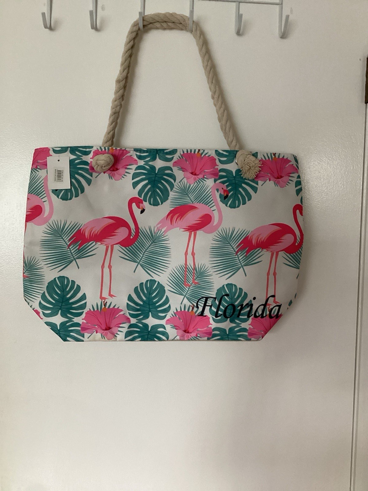 FLORIDA Canvas Beach Tote with Rope Handle with Flamingo Graphics 21” X 15” New