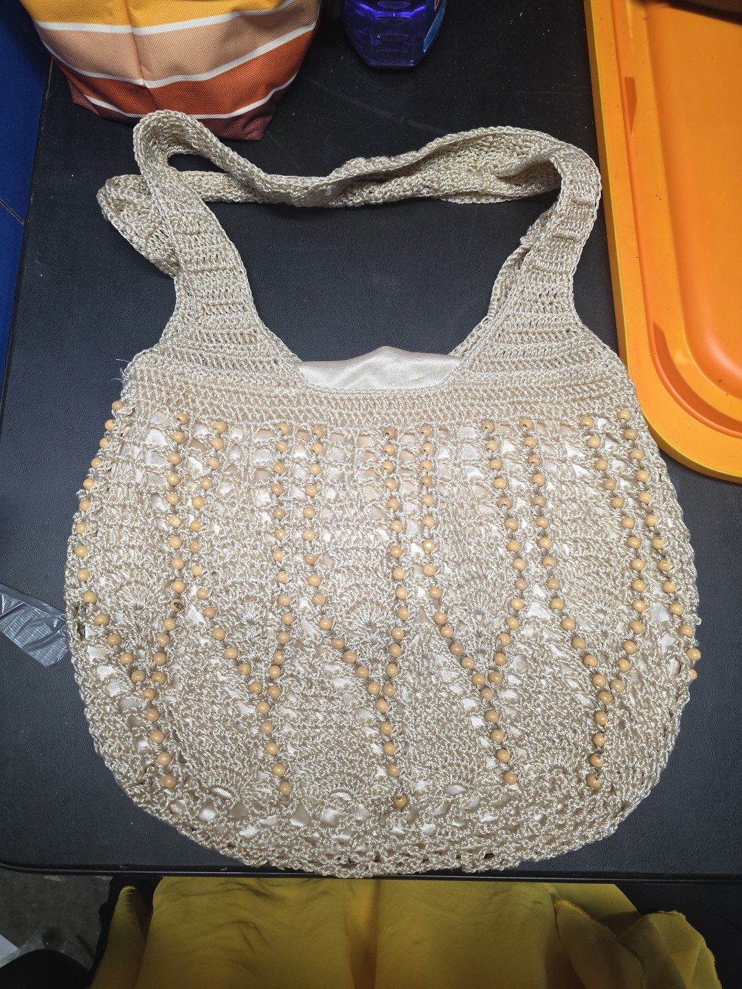 Beige Crochet Bag Purse Double Shoulder Straps Drawstring Closure Inside