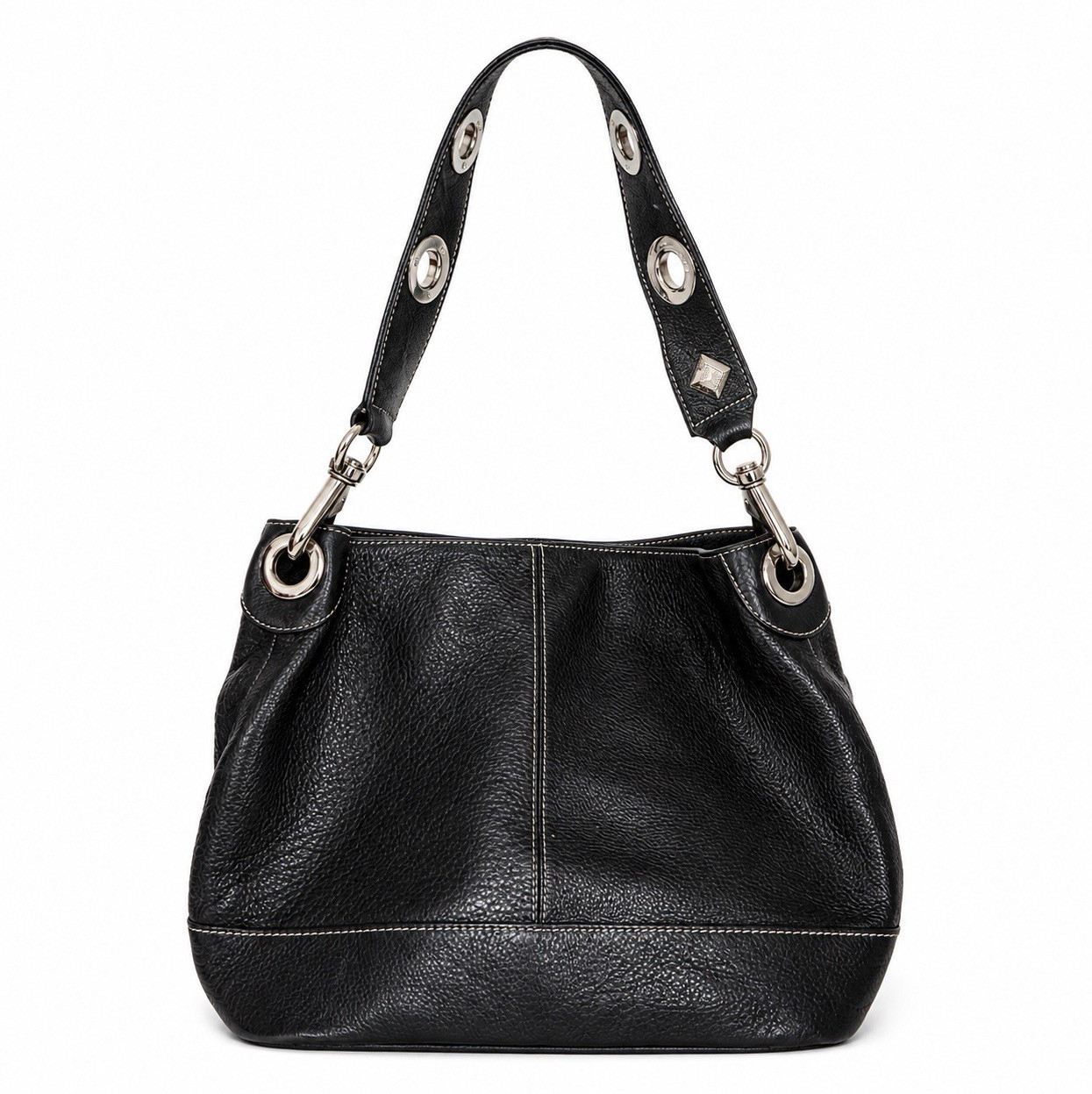 Vintage Black Pebbled Leather Shoulder Bag Purse Silver Hardware Strap