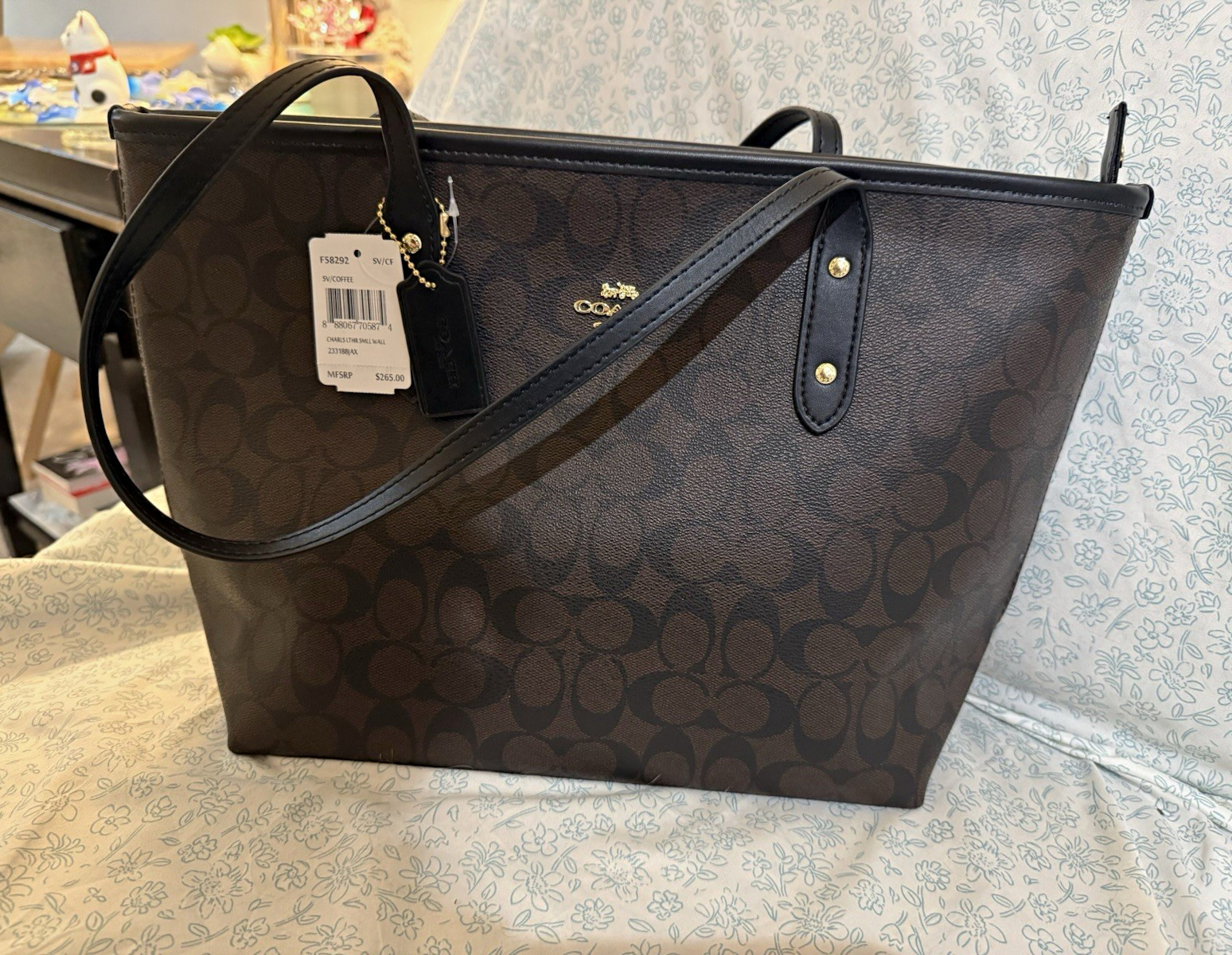 Coach Signature Logo Zip Top Tote Large Brown/Black Gold Hardware Brand Card