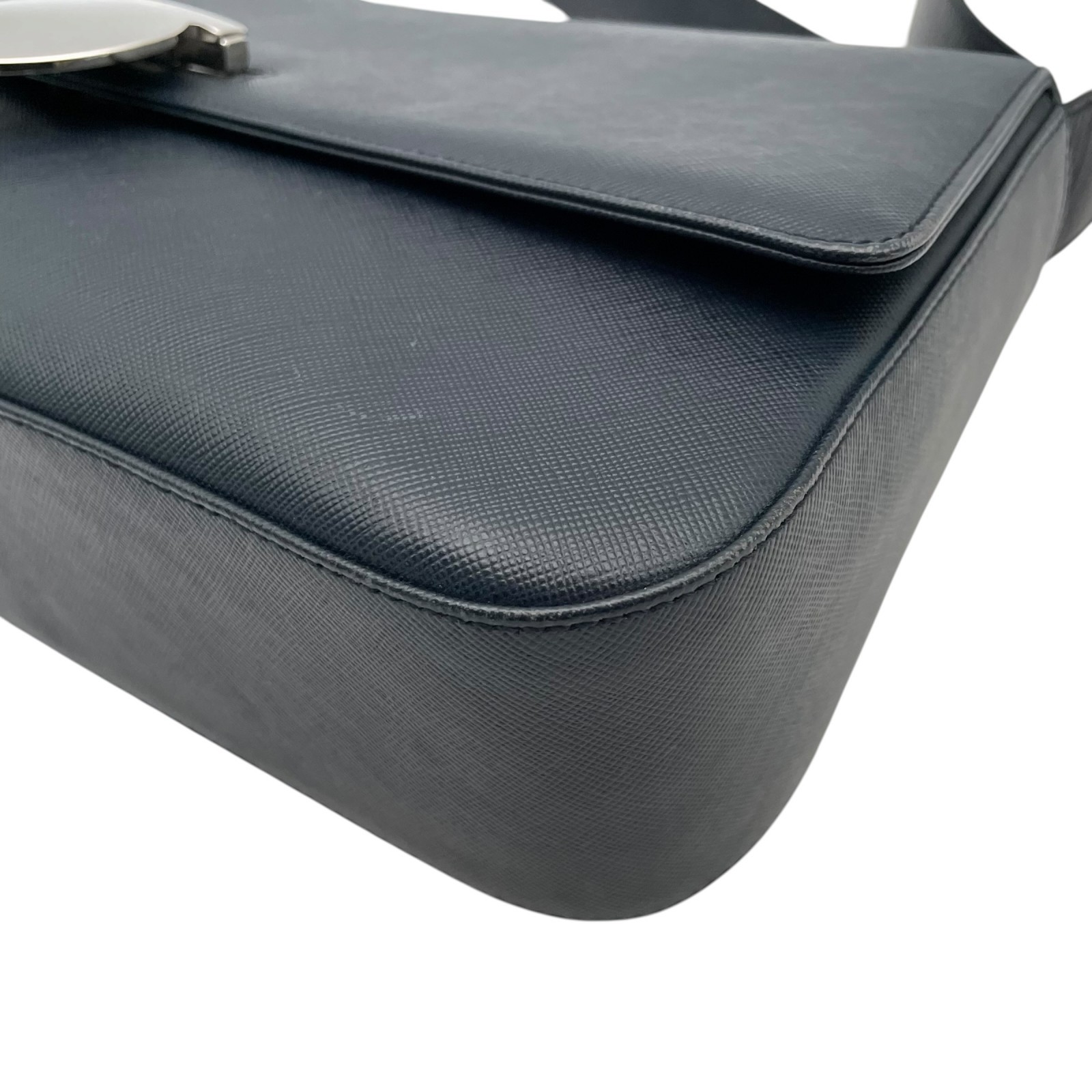Authentic Salvatore Ferragamo Gancini Leather 2Way Shoulder Bag Navy