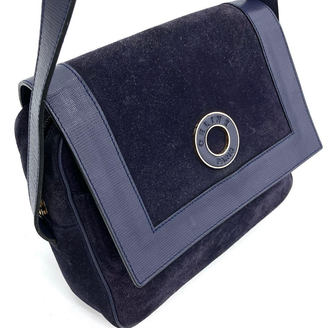 CELINE Circle Logo Shoulder Bag Suede Leather Purple Strap 120cm Authentic