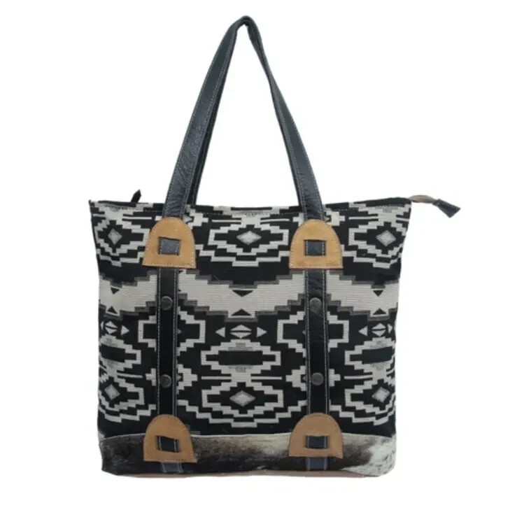 Hopofly Black Geometric Print Cotton Leather Hairon Canvas Tote Bag