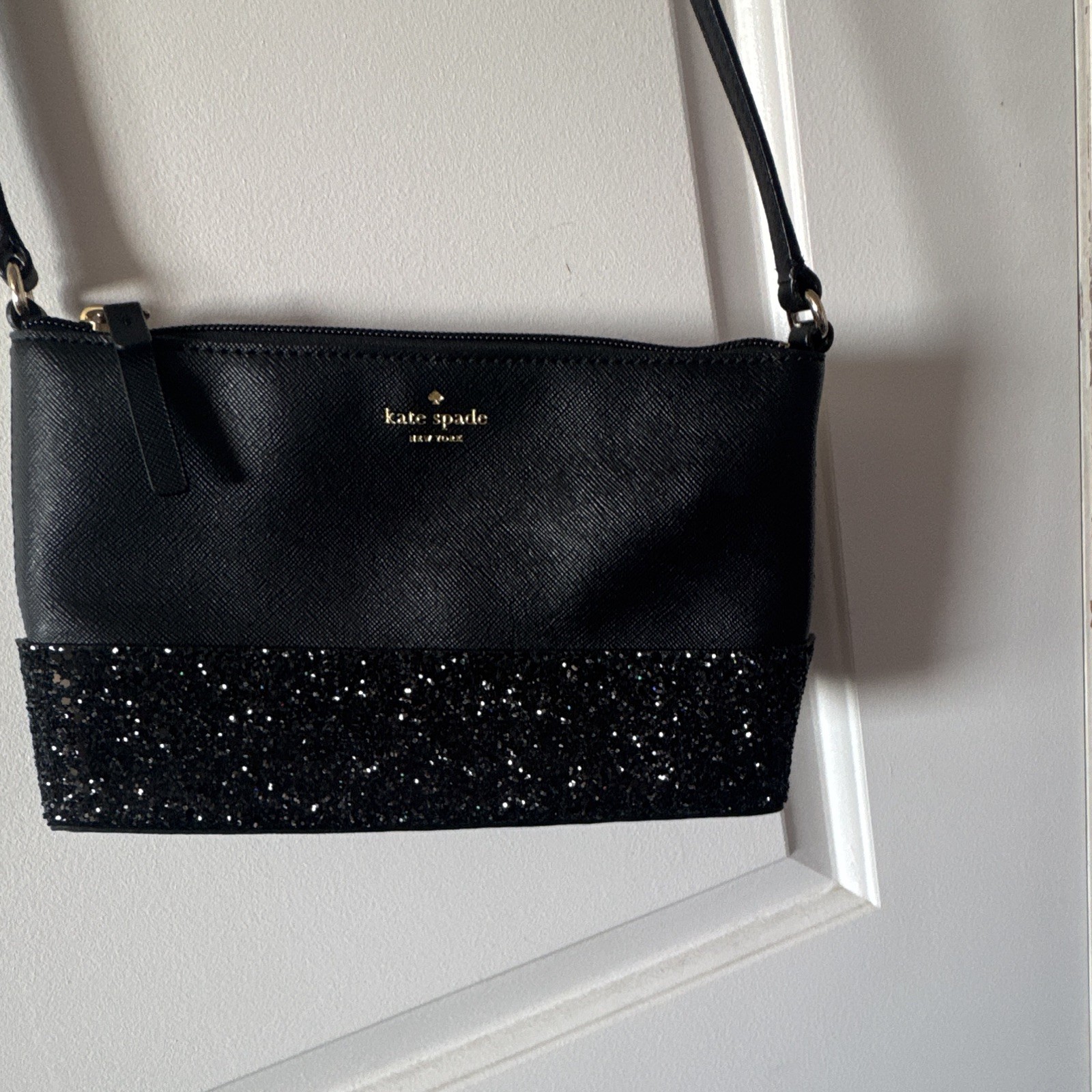 kate spade new york Black Crossbody Bag Glitter Base Zip Top Gold Hardware