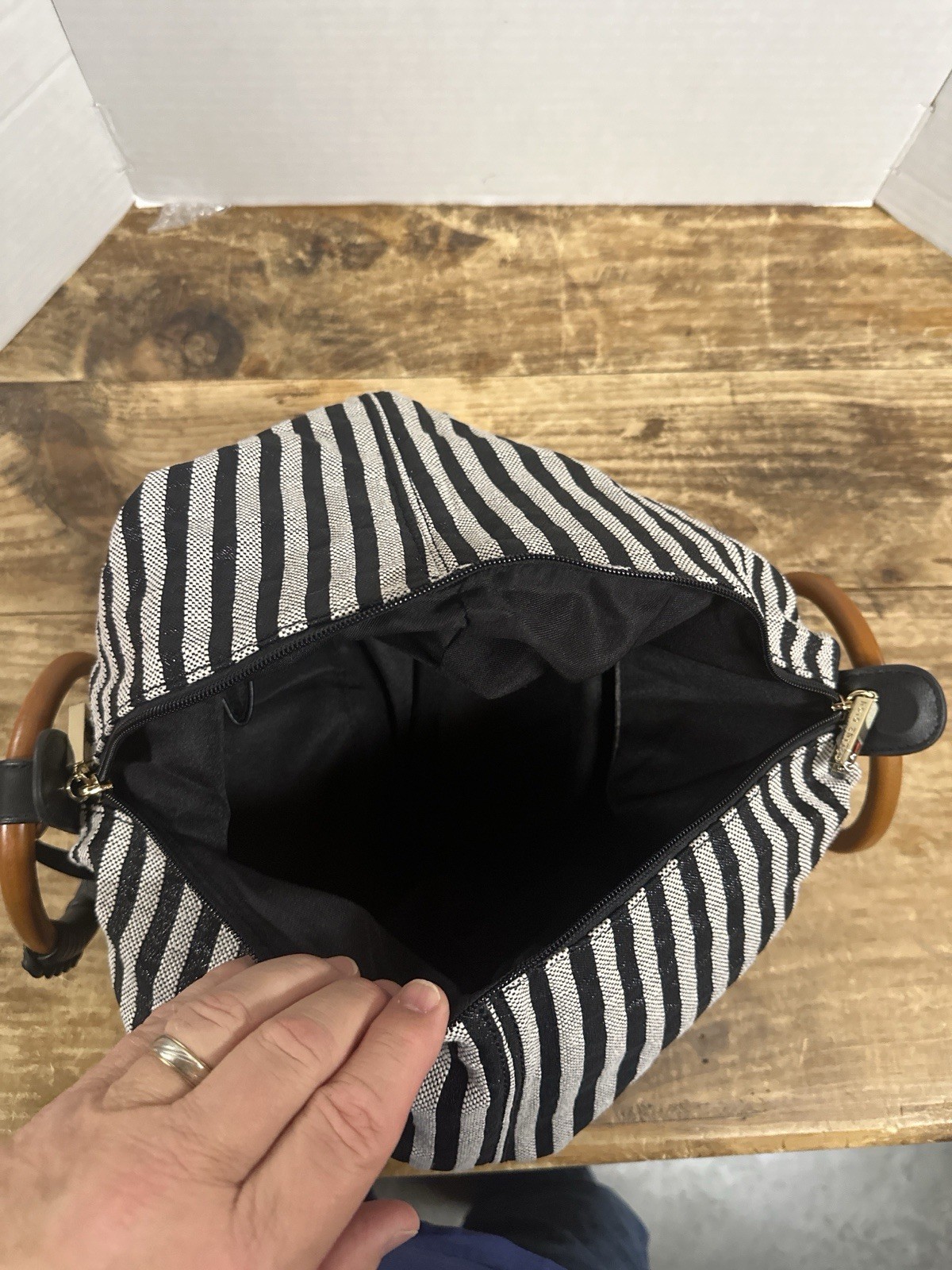 Céline Dion Striped Fabric Handbag Wood Handles Black Tassel Satchel