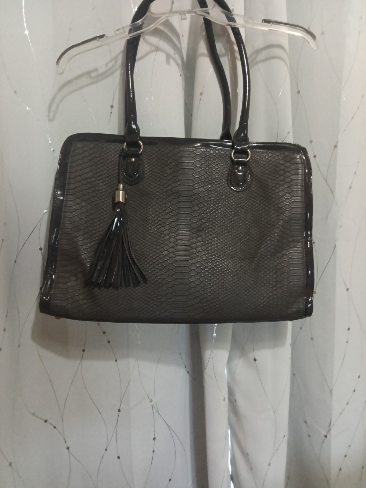 Black Snakeskin Print Satchel Top Handle Zip Silver Hardware Pink Lined
