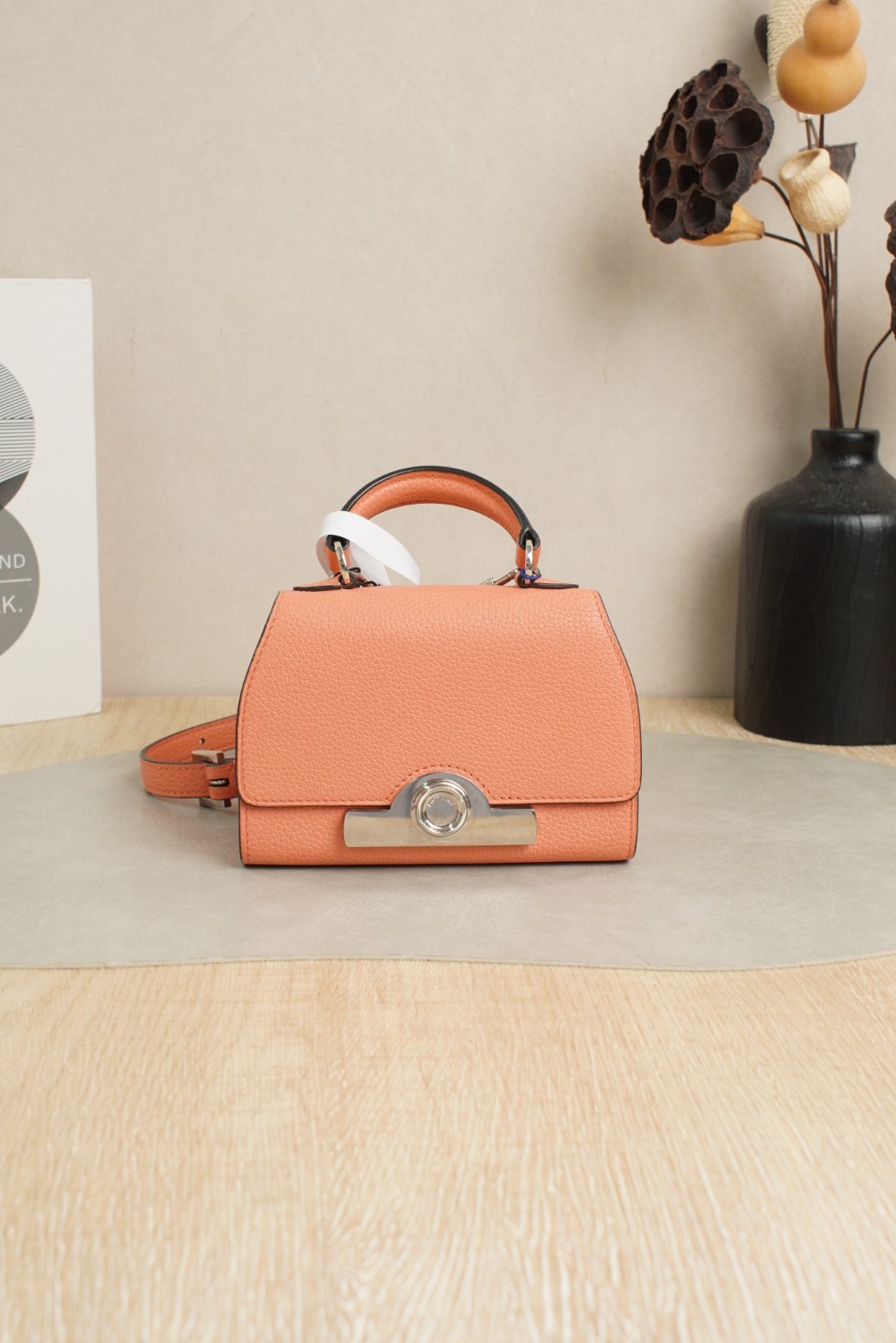 Moynat Mini Shoulder Bag Coral Pink Smooth Leather Silver Lock Flap Strap