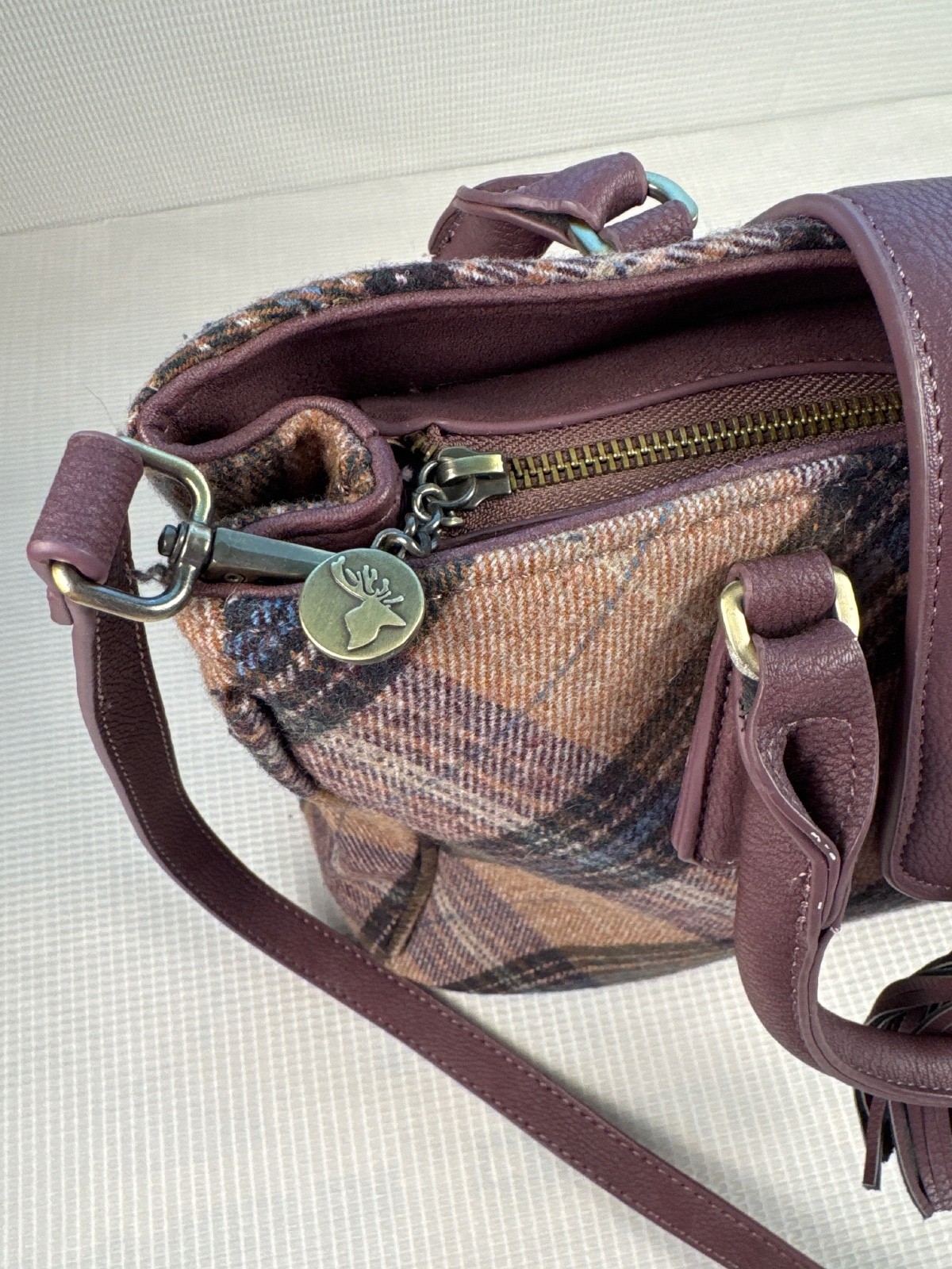 House of Tweed Brown Plaid Wool and Faux Leather Handbag