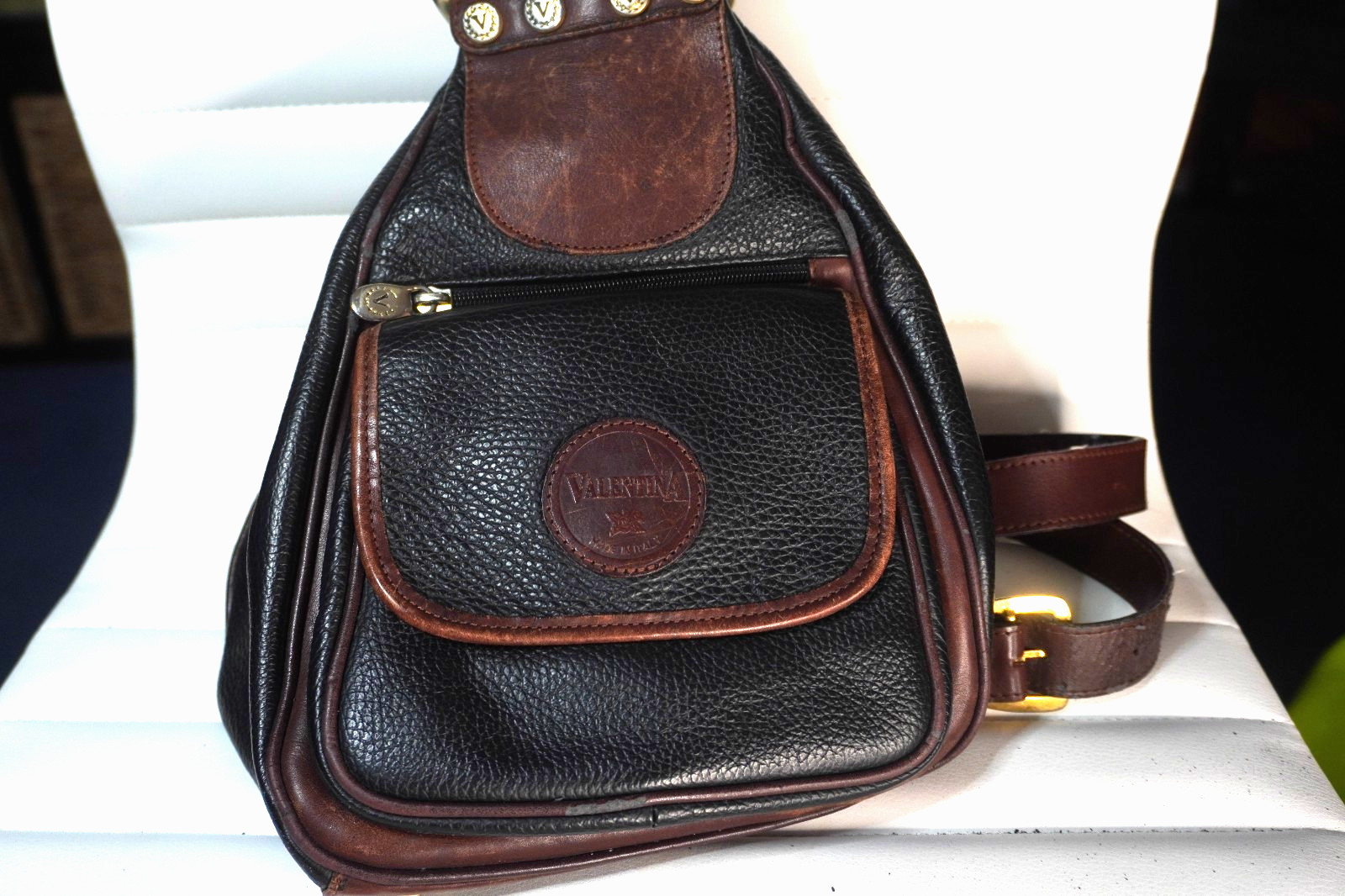 Valentina Black Lether Purse W/two Zip Compartments and Outside Button Pocket