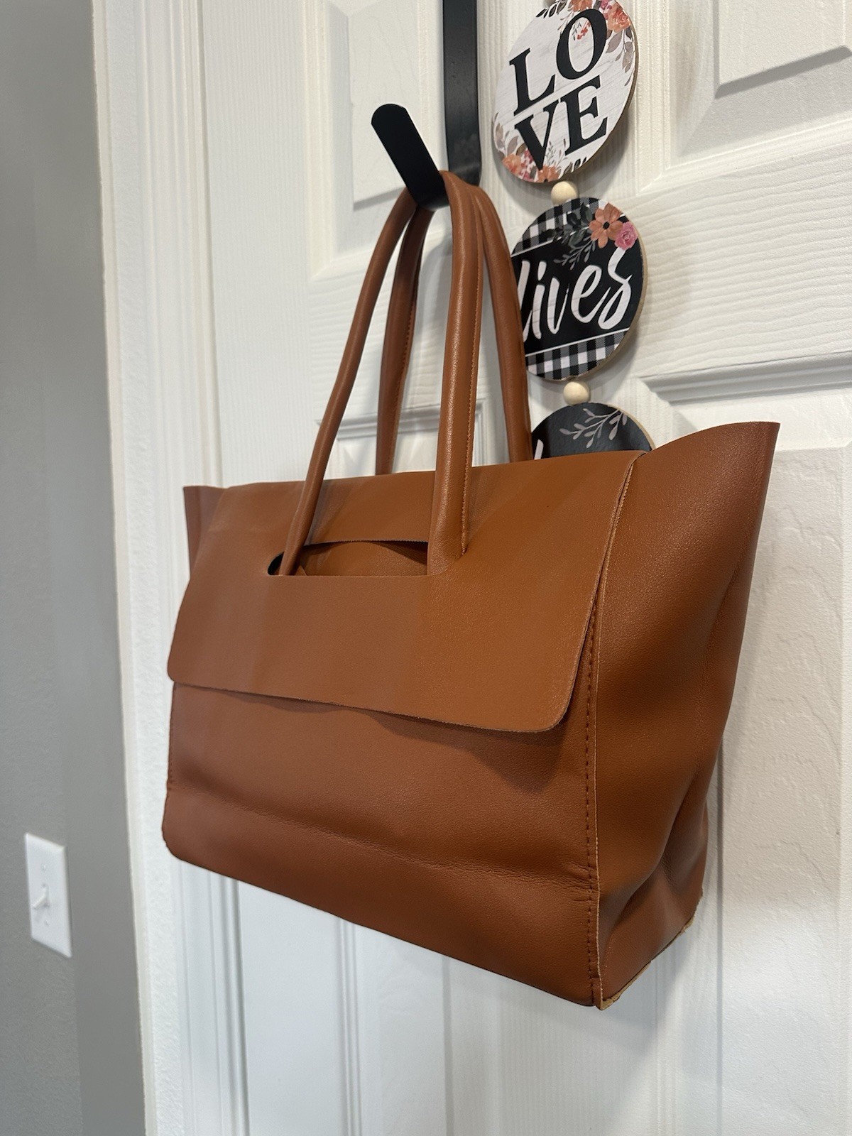 Brown Large Tote Bag Flap Closure Double Handles Matte Finish for Women