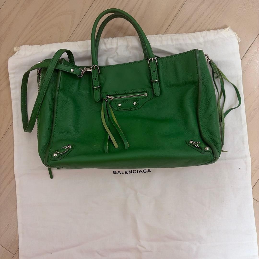 BALENCIAGA Leather 2 Way Handbag Green Silver Hardware Zip Dust Bag
