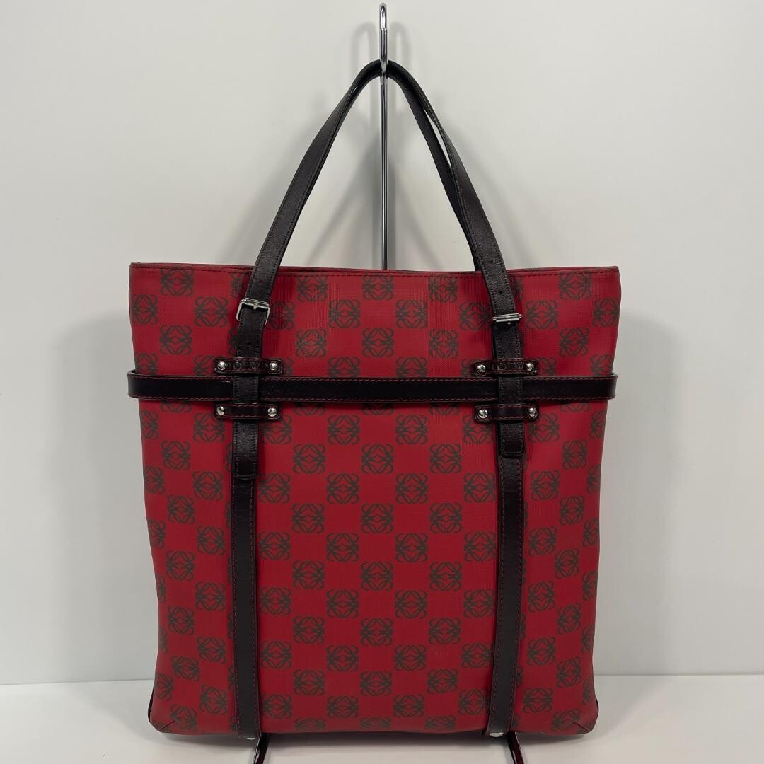 LOEWE Anagram Red PVC Tote Bag Brown Leather Handles MBZ351 Auth