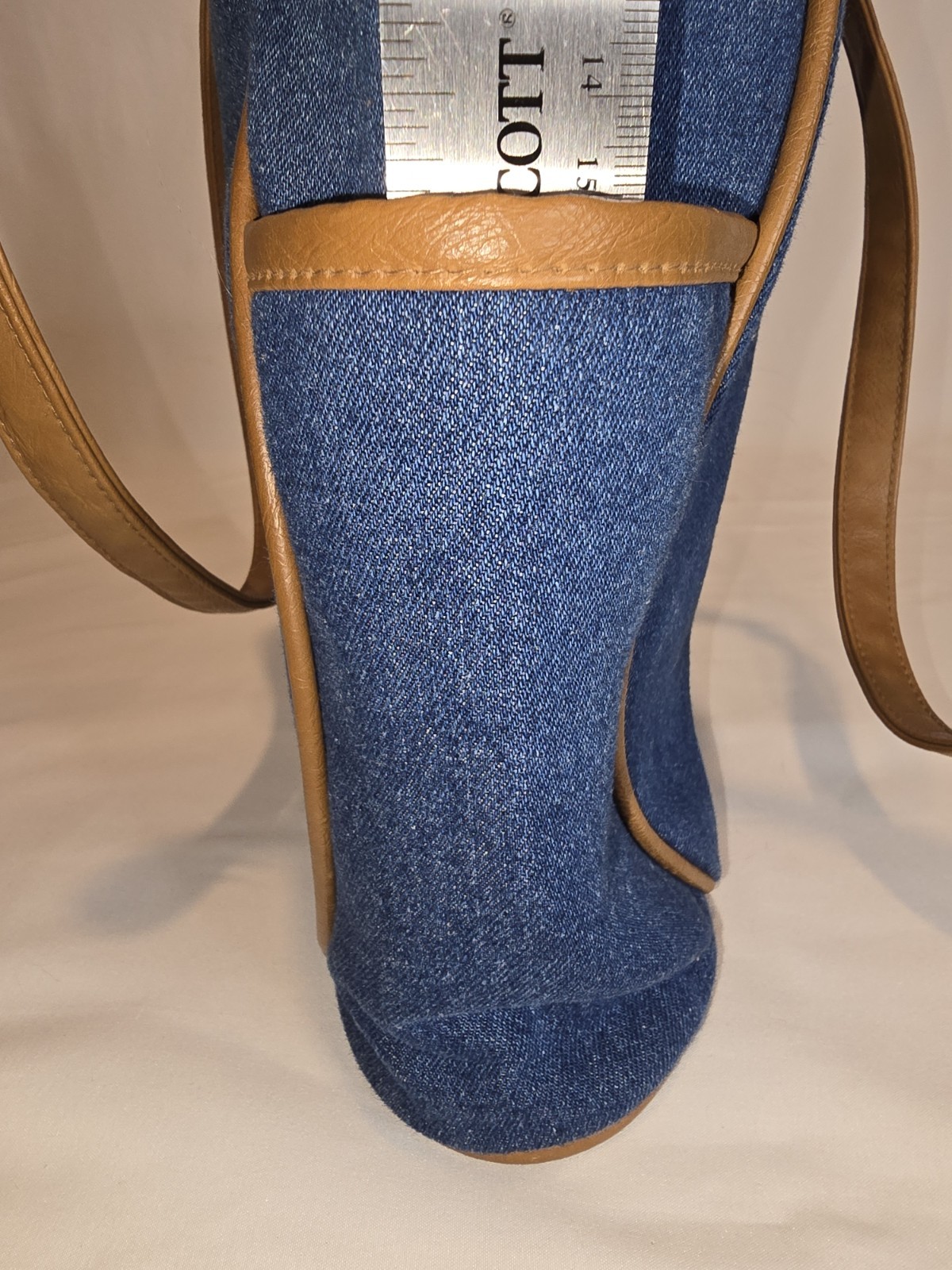 Longaberger Denim Tote Bag Faux Leather Trim Shoulder Purse Pockets Blue Tan Vtg