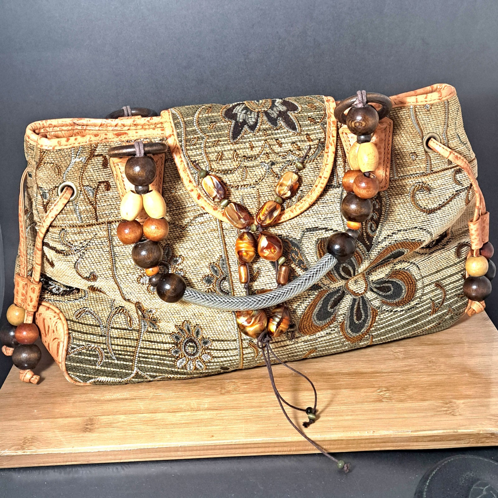 Vtg Sharif Leather Brocade Handbag Flap Closure Purse Bag Wood Beads Alligator