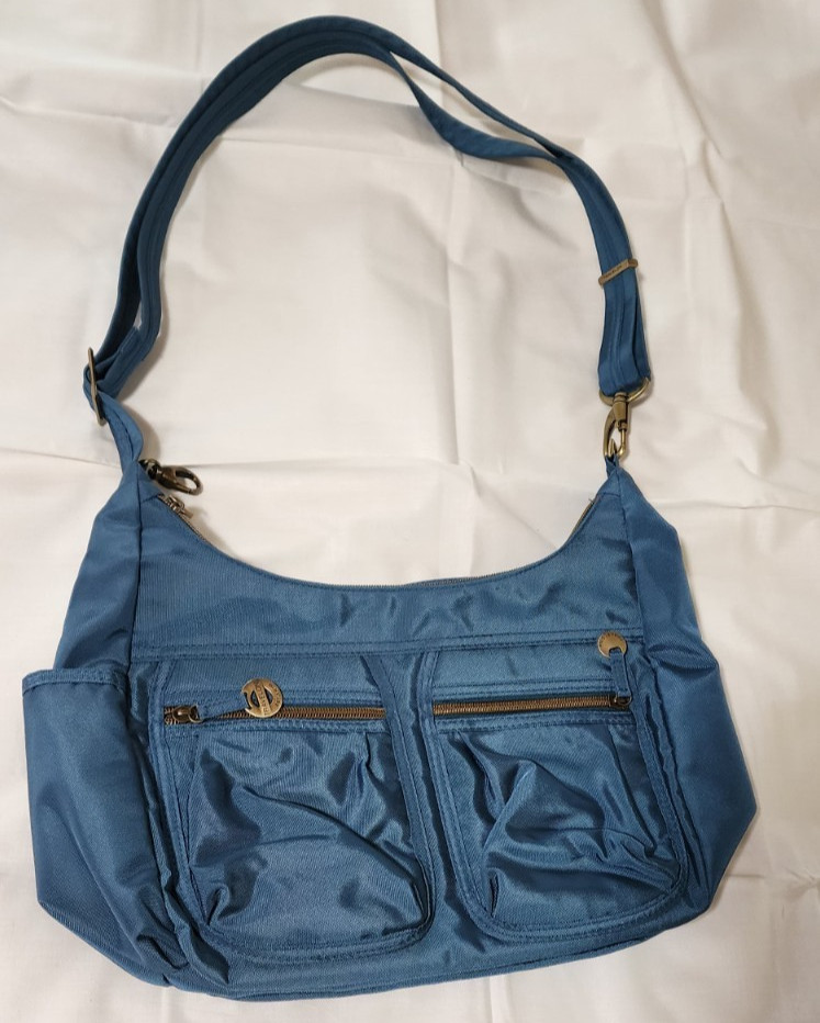 Travelon Handbag Antithef Blue Green Nylon Hobo Shoulder Bag Lined Pockets