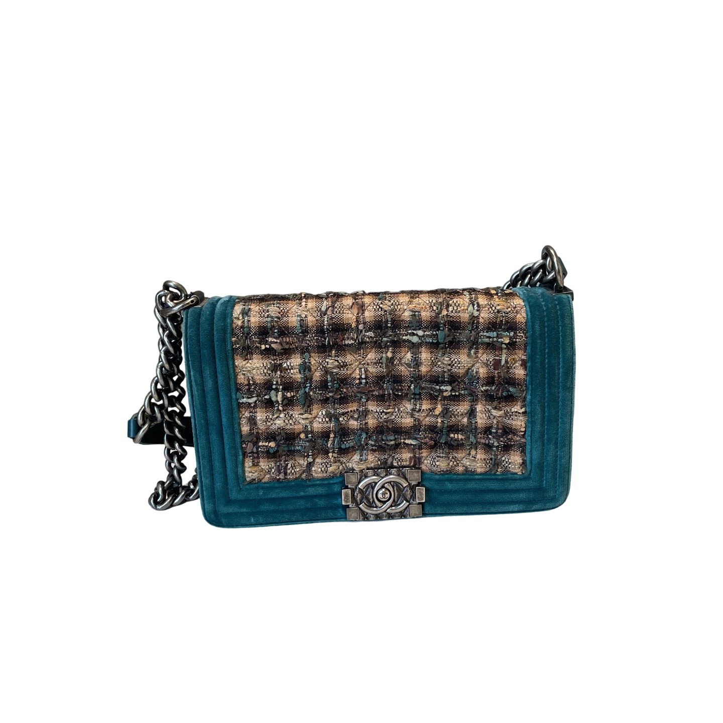 Chanel Le Boy Edinburgh Green Tweed Velvet Chain Bag Pre-Owned