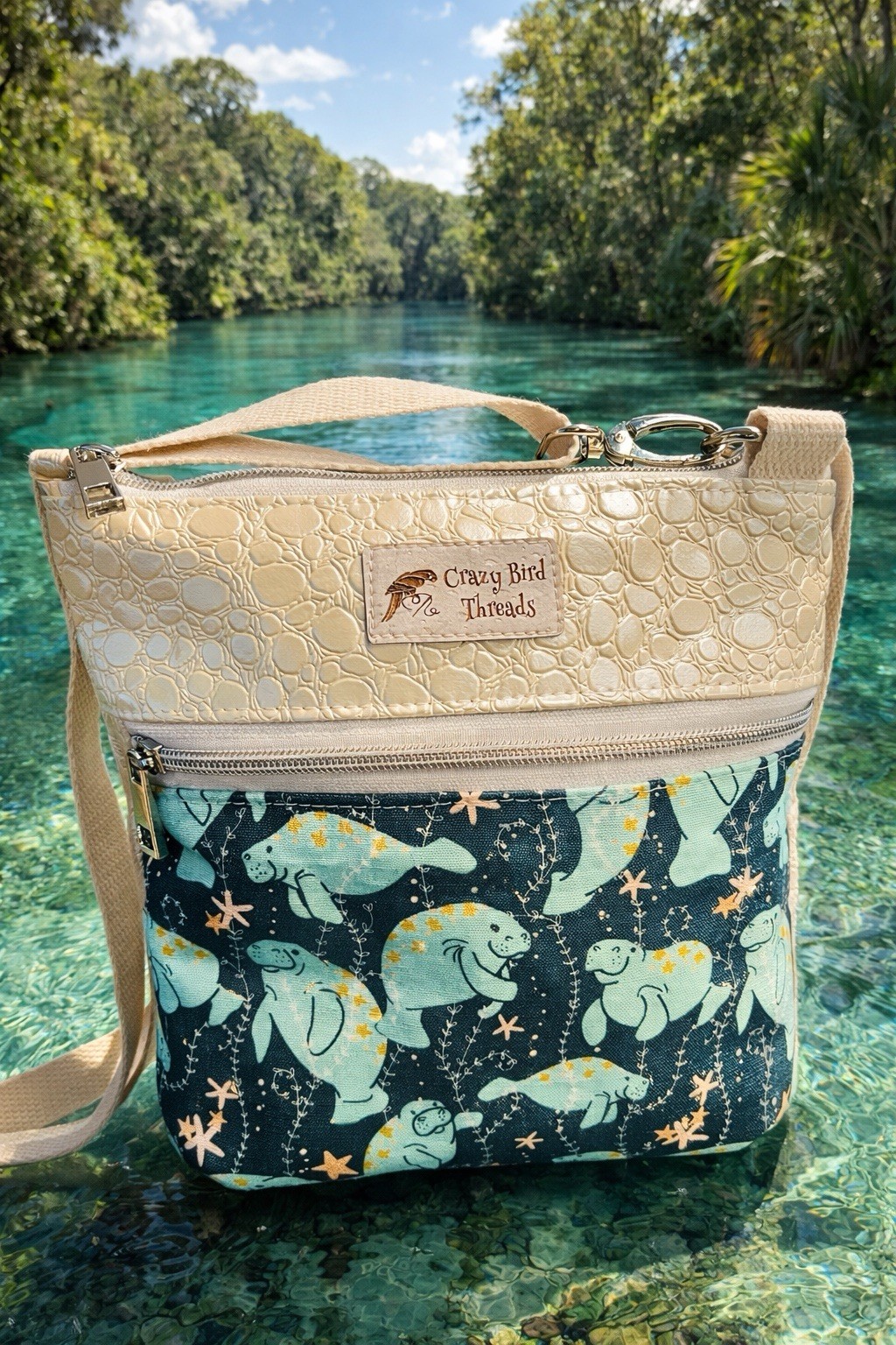 Crazy Bird Threads Manatee Print Shoulder Bag Beige & matching Zipper Accent