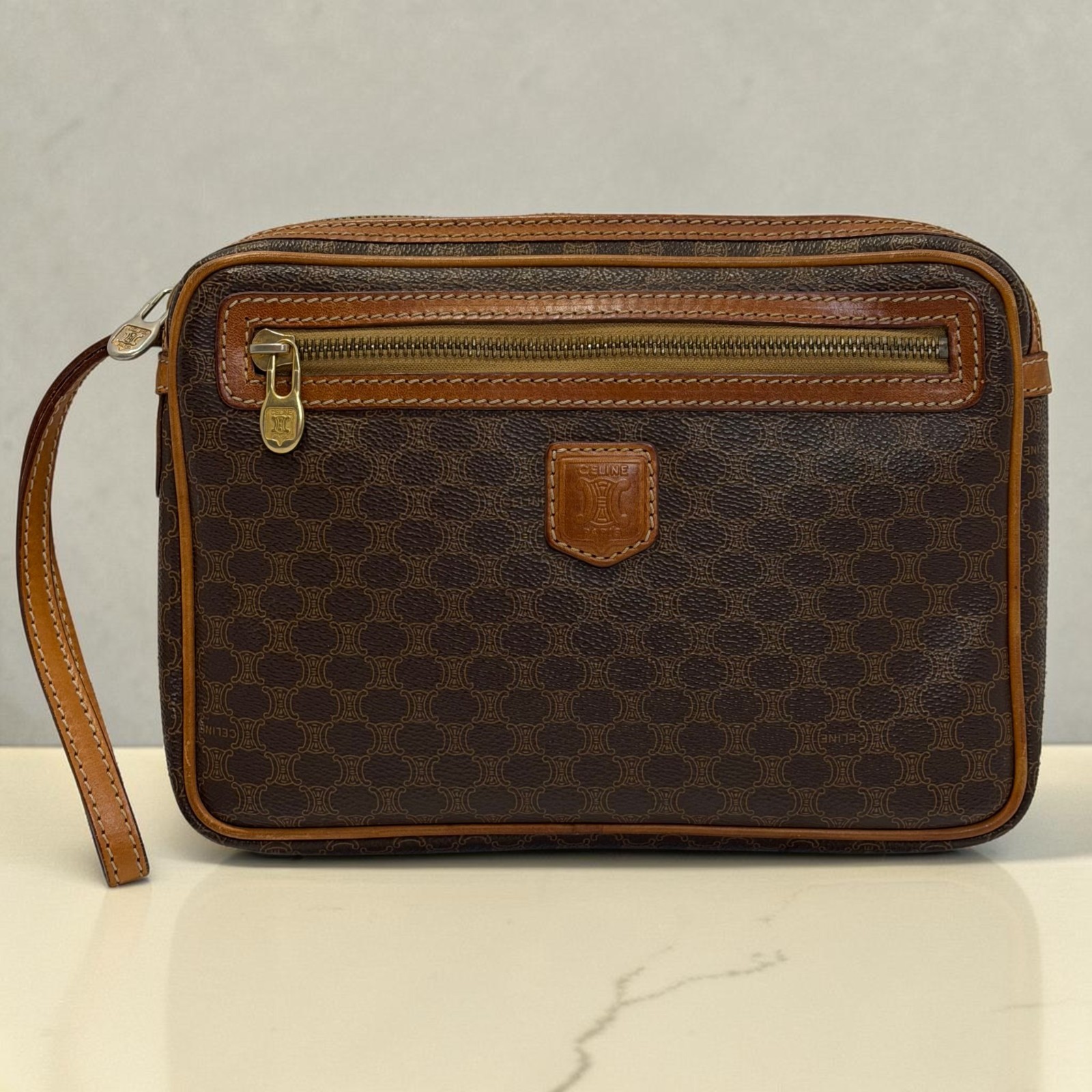 Vintage Celine Macadam Triomphe Clutch Bag 1990s Designer Wristlet PVC Leather