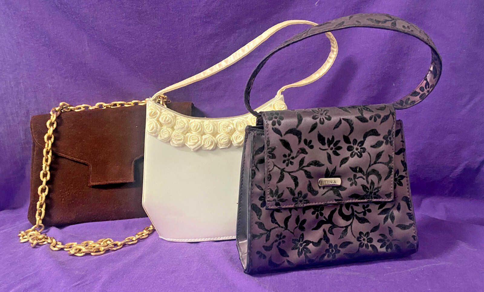 Vintage 80’s Fashion Purses Handbags Pocket book Lot of 3 Brown Ivory Purple