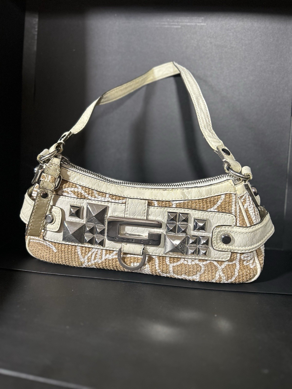 Guess Y2K Cream Woven Studded Shoulder Bag Croc Patent Leather Trim