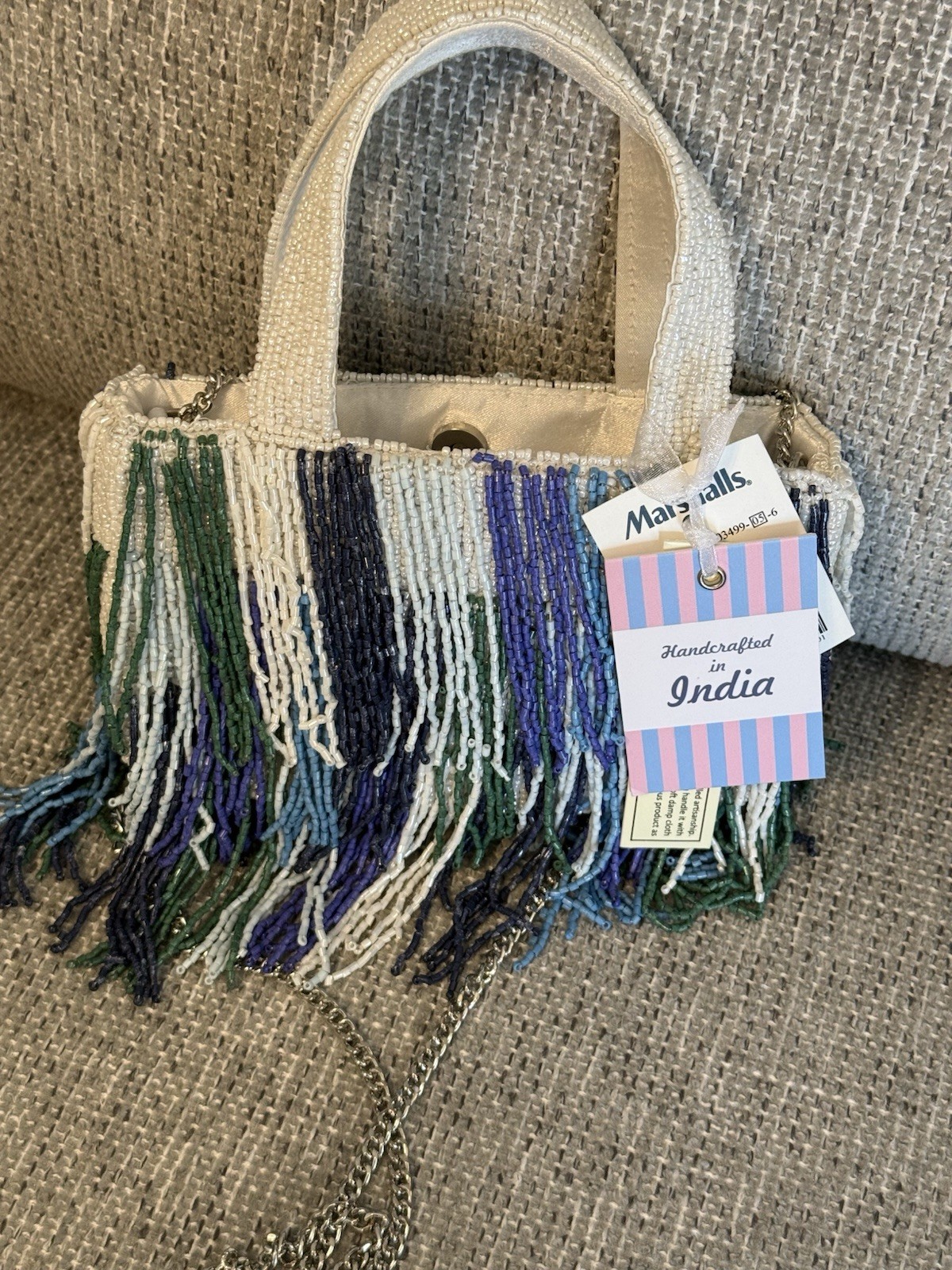 Marshalls Small Beaded Fringe Top Handle Bag Multicolor Magnetic Chain Strap