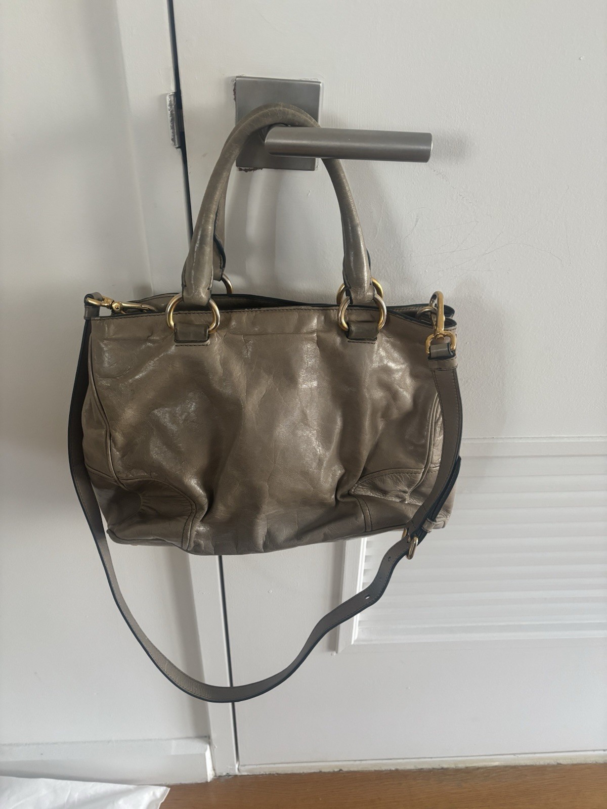 PRADA Vitello Gray Satchel Top Handle Bag Gold Hardware Zip Detachable Strap