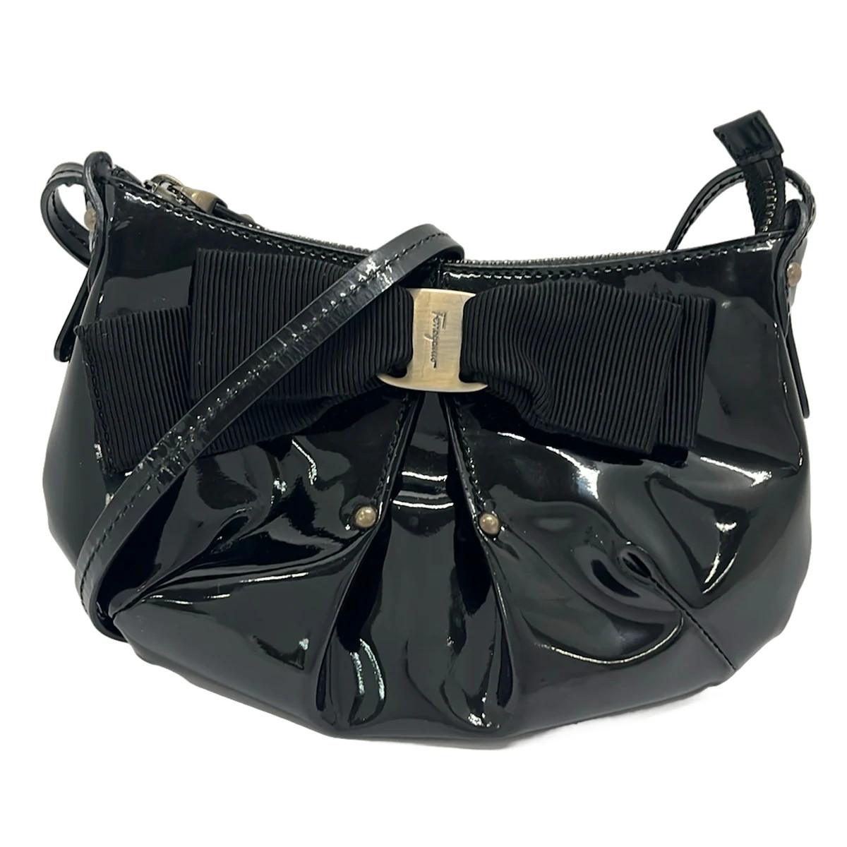 Salvatore Ferragamo Vara Black Patent Leather Chemical Fiber Shoulder Bag