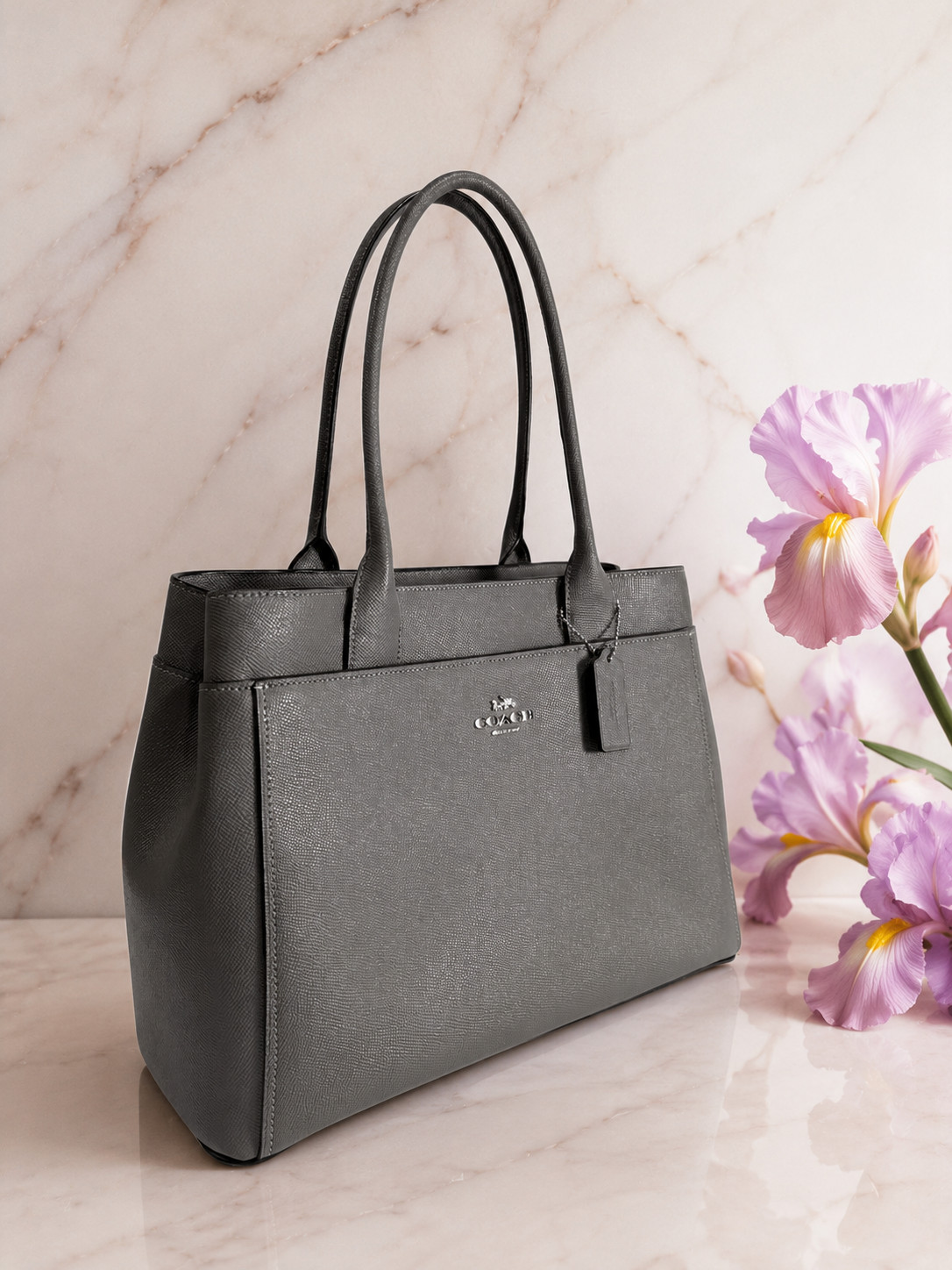 COACH Tote Bag Purse Gray Durable Crossgrain Leather Large Logo