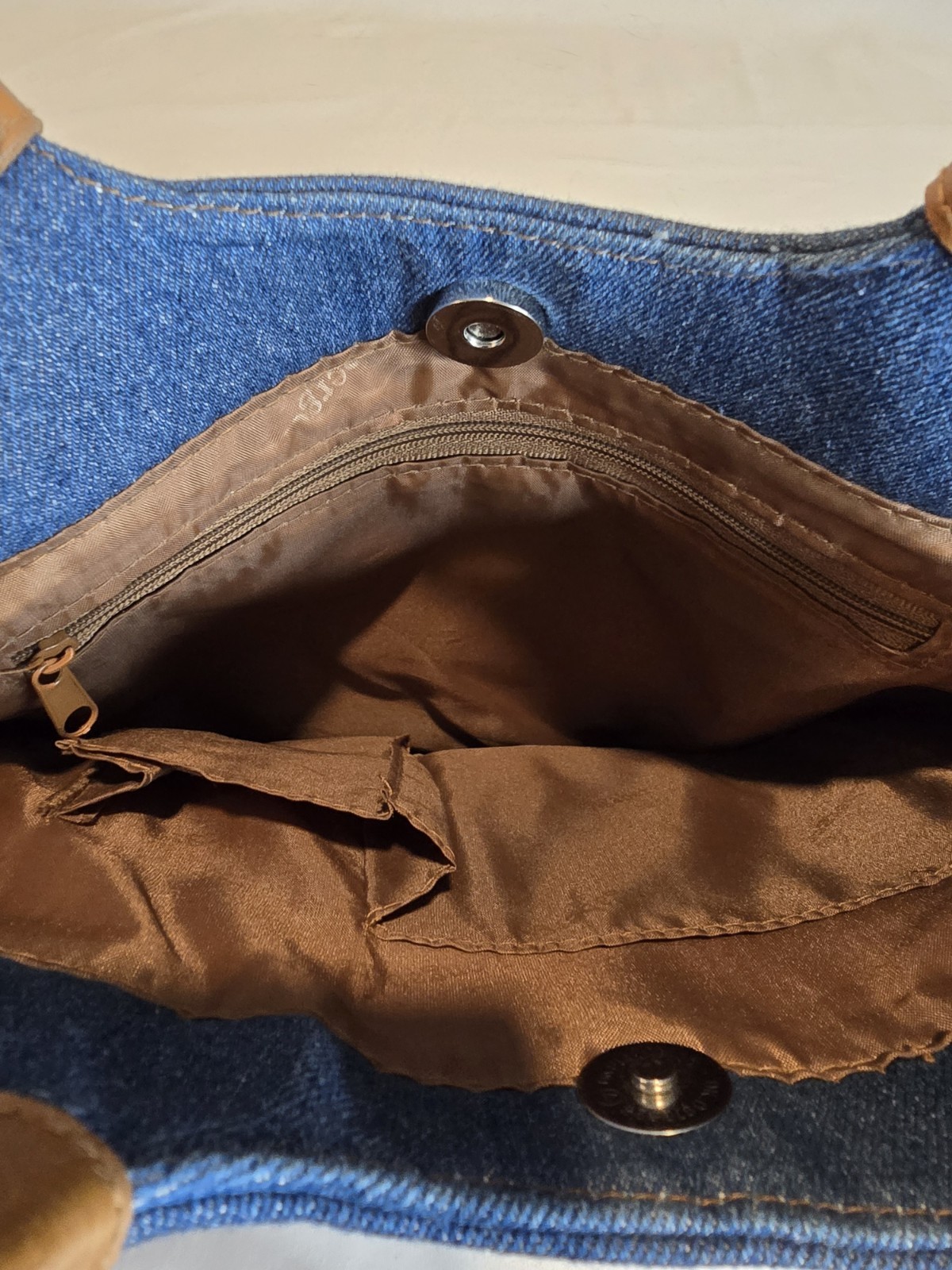 Longaberger Denim Tote Bag Faux Leather Trim Shoulder Purse Pockets Blue Tan Vtg