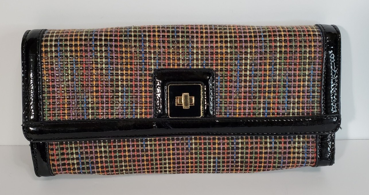 Sondra Roberts Clutch Handbag Purse Multicolor Rainbow Colors Black Trim 11×5
