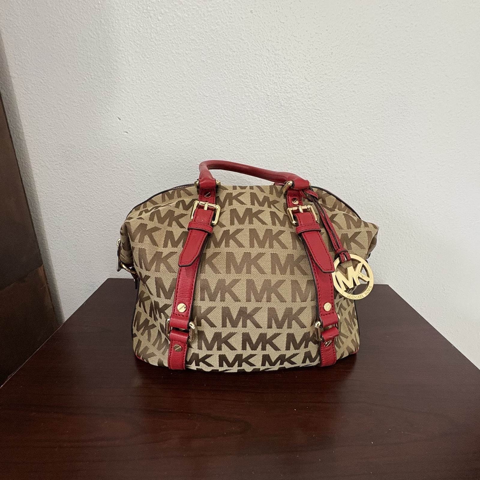 VINTAGE MICHAEL KORS Beige/Red Canvas Brookville tote handbag(OBO)