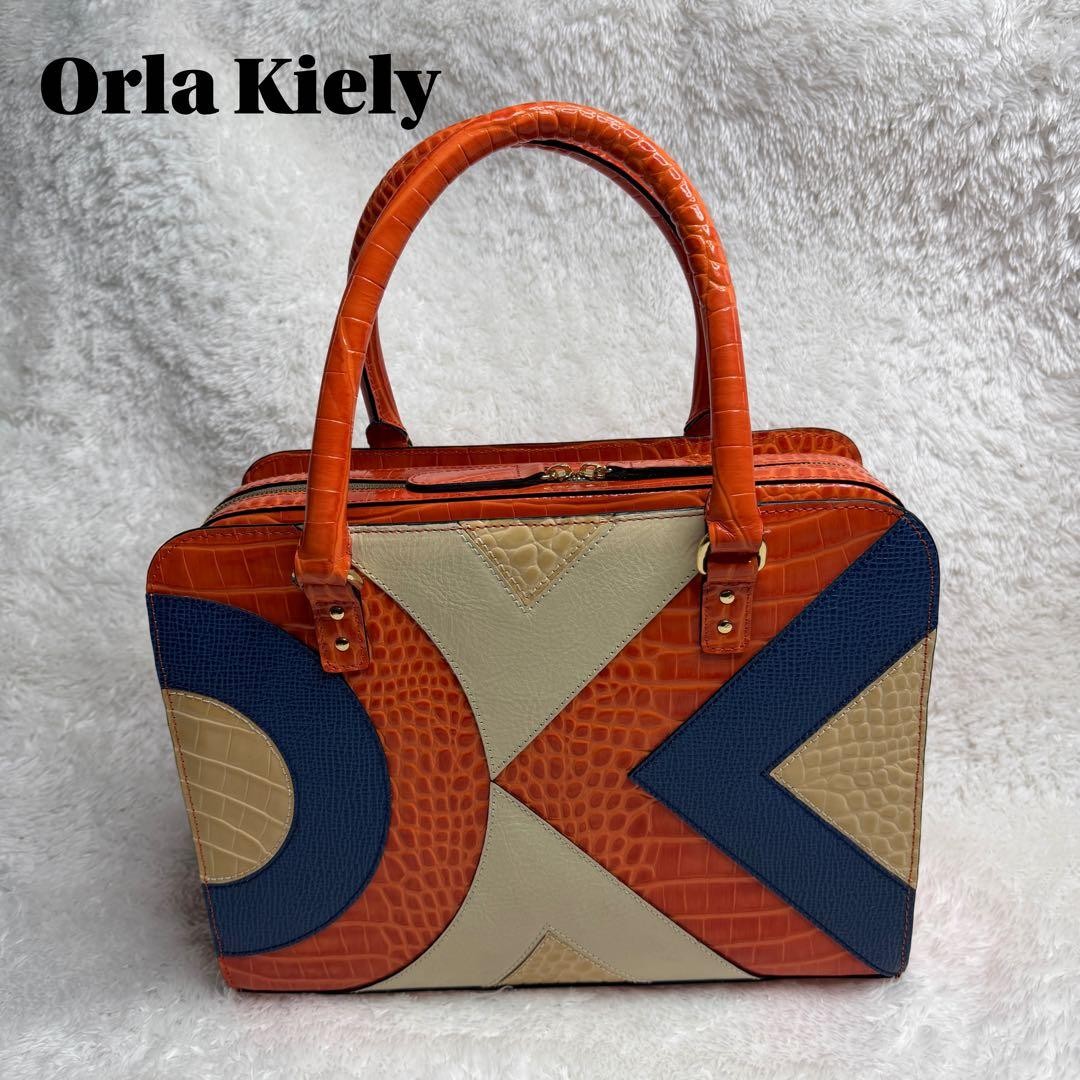 Orla Kiely Leather Handbag Croc-Embossed Orange Cowhide 24x32cm