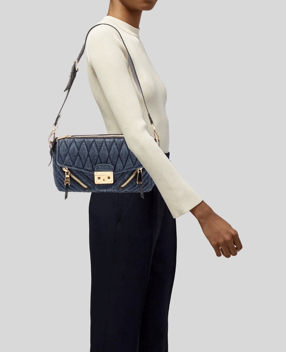 Miu Miu Denim Quilted Series Normal Size Denim Blue Denim Fabric Shoulder Crossb