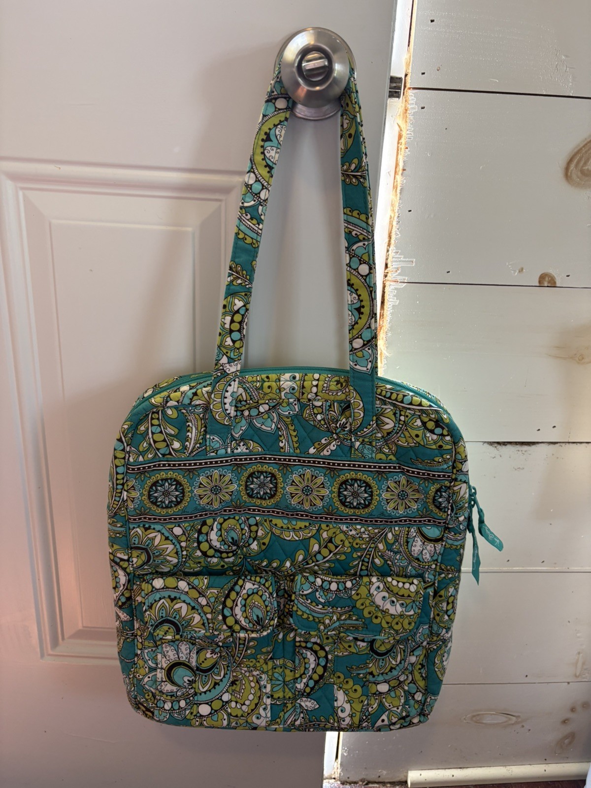 Vera Bradley Teal Peacock pattern (Retired) Tall Zip Tote, 14x12x3 inches.
