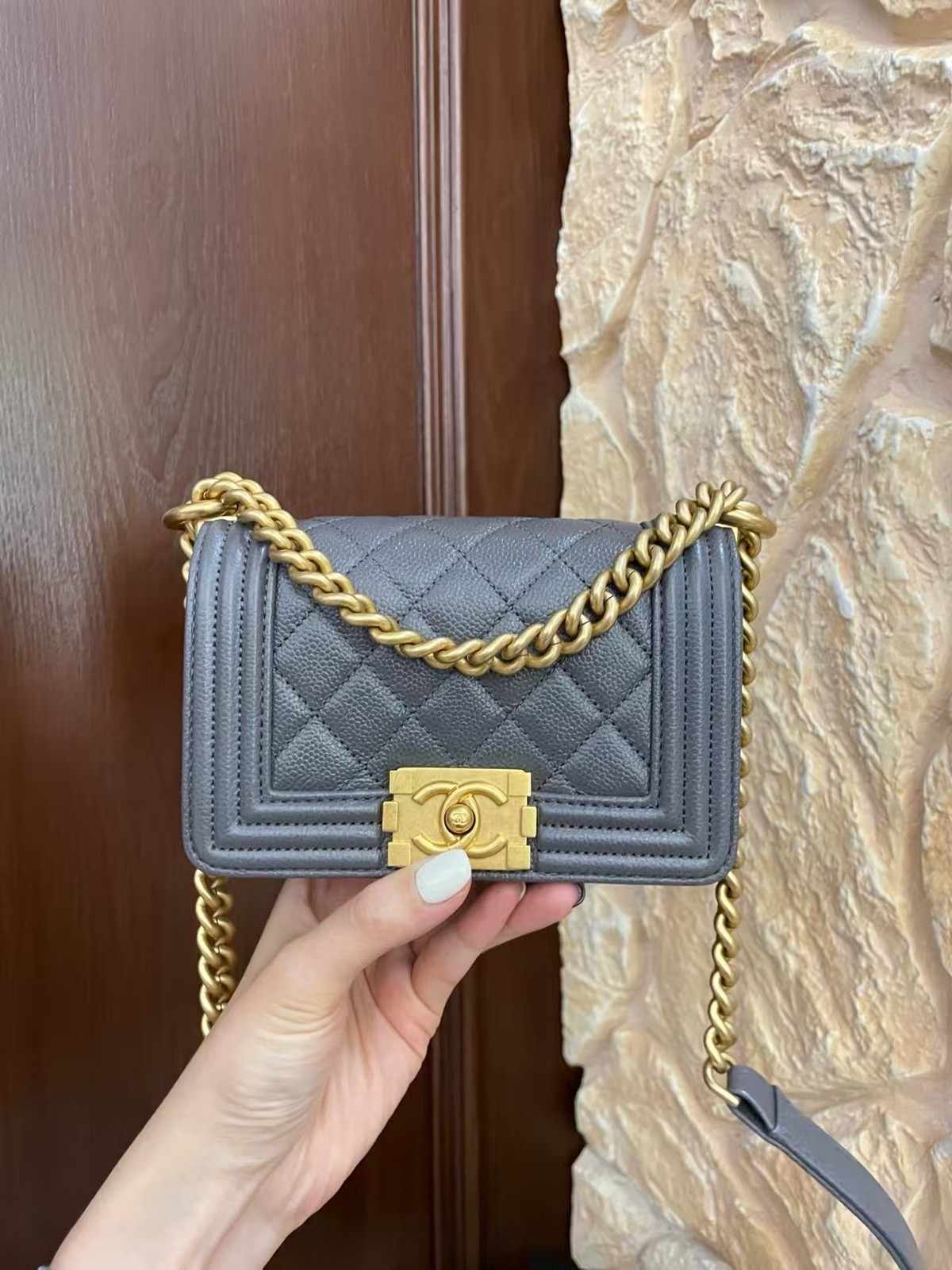 Chanel Le Boy Dark Grey Caviar Leather Mini Flap Bag with Aged GoldTone Hardware
